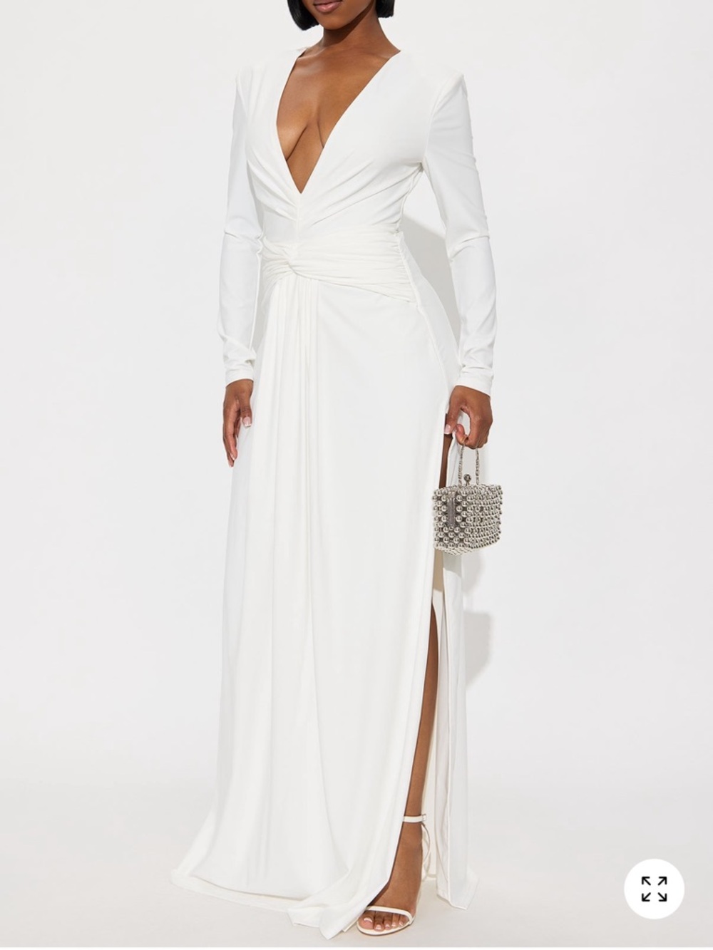 Fashion Nova White Long Sleeve Plunge Maxi Dress